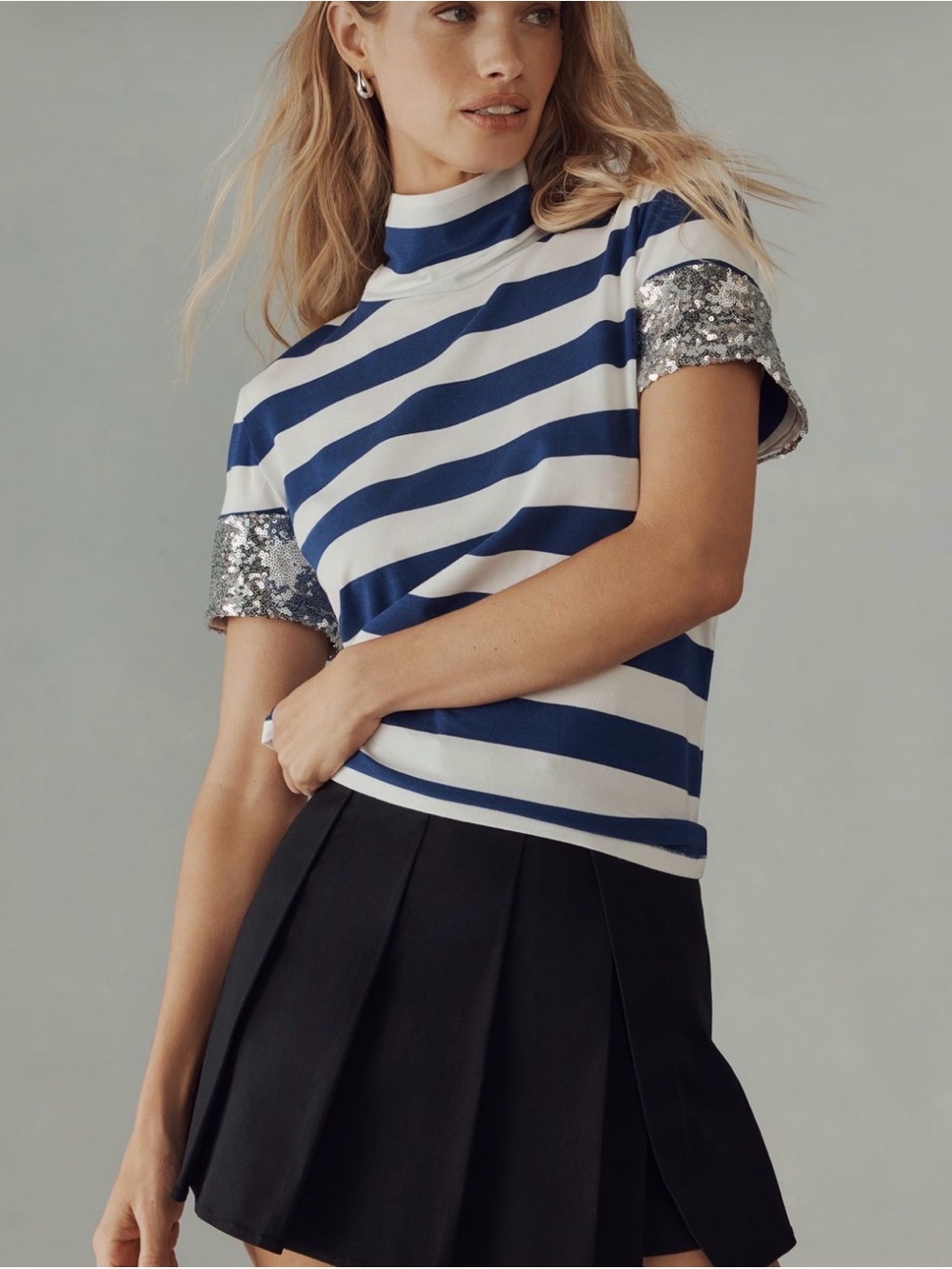 NWT Anthropologie Striped Navy & White Short Sleeve Top with Sequin Sleeves XXS